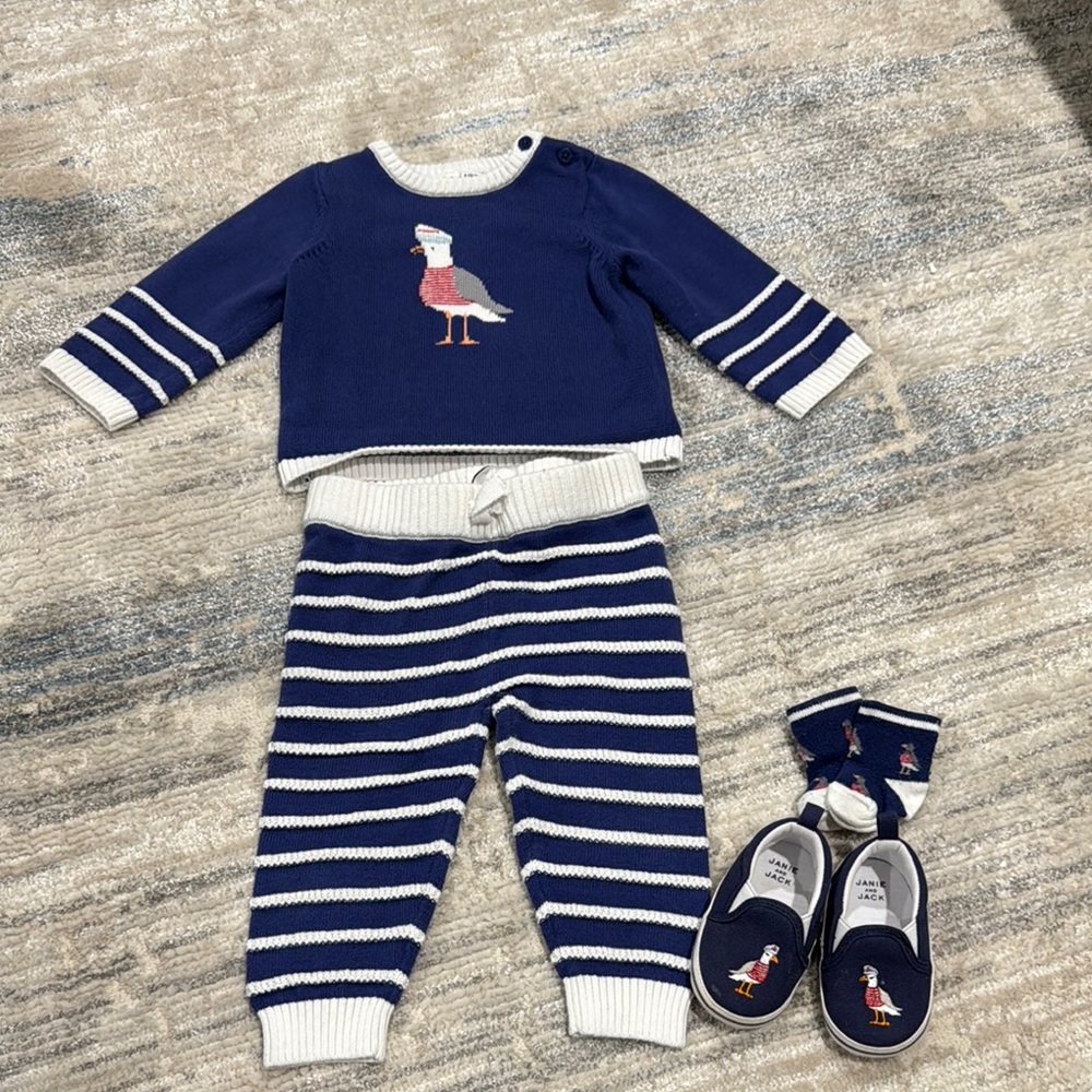 Janie and Jack Navy and White Striped Baby Set